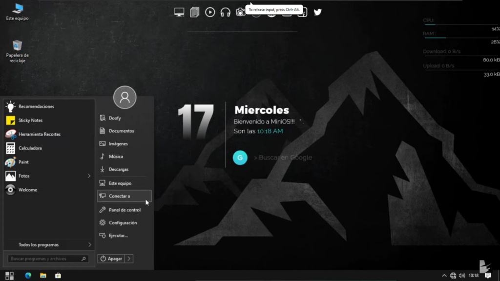 Captura de pantalla de MiniOS Windows 10
